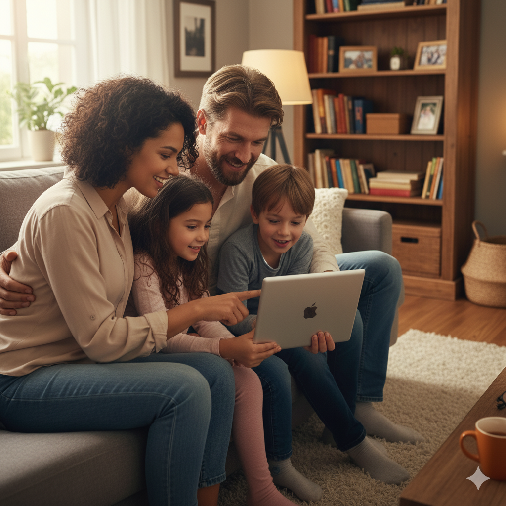 family looking at DNA ancestry report